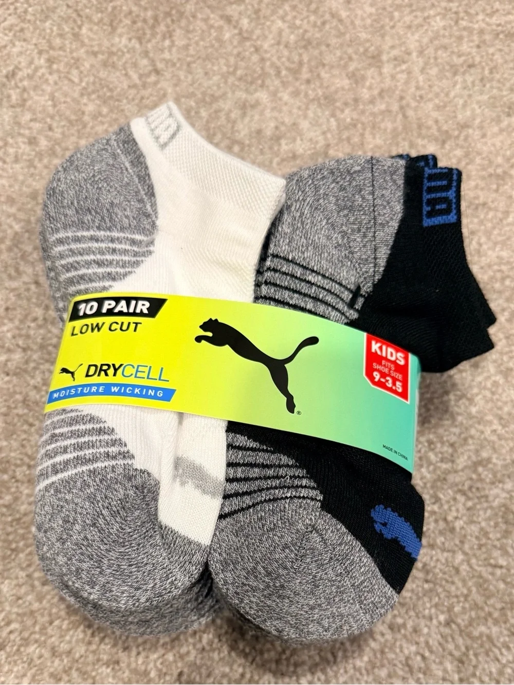 NWT Puma kids 10 pair low cut Dry Cell Moisture Wicking socks